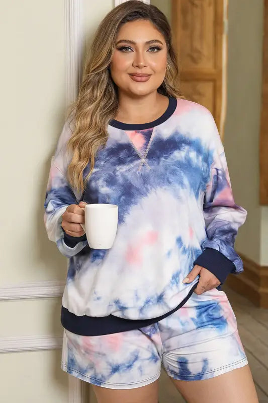 Plus Size Tie-Dye Long Sleeve Top and Shorts Set - Short