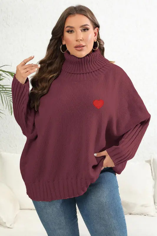 Plus Size Turtle Neck Long Sleeve Sweater - XL / Wine