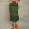 Pocketed Drawstring Ruched Slit Denim Midi Skirt (S-2XL)