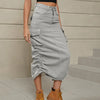 Pocketed Drawstring Ruched Slit Denim Midi Skirt (S-2XL)