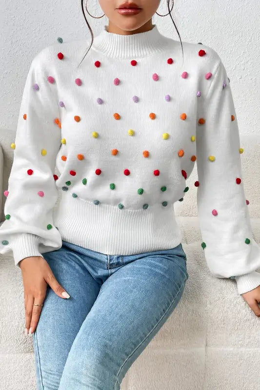Pom-Pom Trim Mock Neck Long Sleeve Pullover Sweater - S
