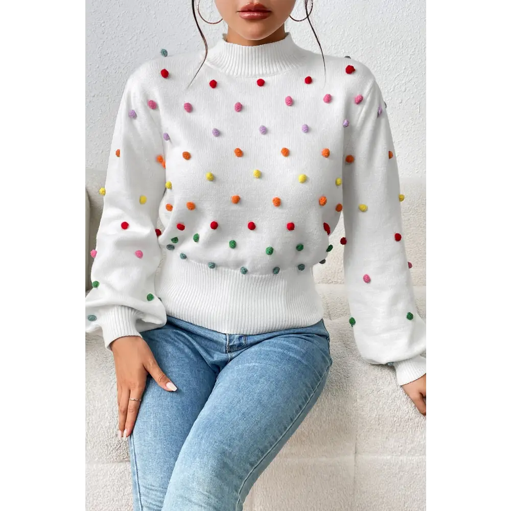 Pom-Pom Trim Mock Neck Long Sleeve Pullover Sweater - S