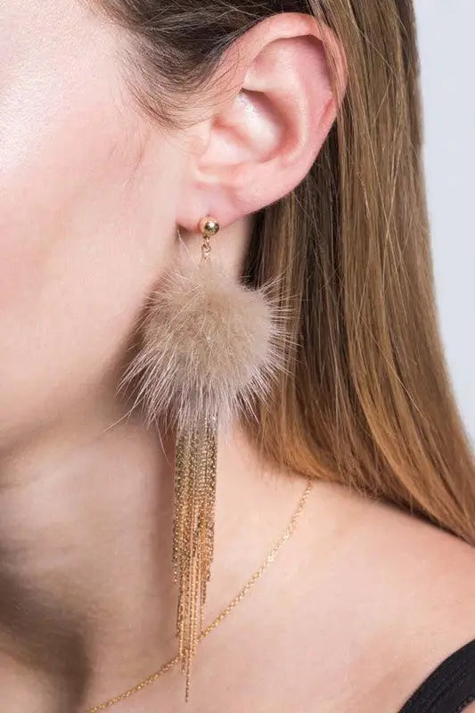 Powder Puff Chandelier Drop Earrings - 5.5 inches / Tan