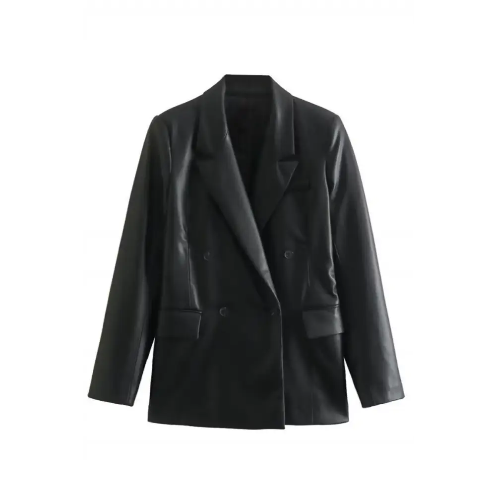 PU Leather Double Breasted Pocketed Blazer - XS / Black