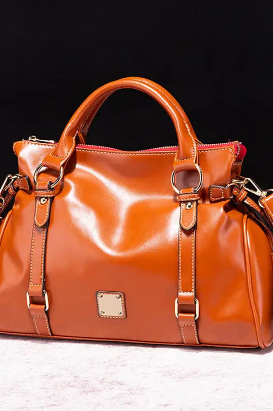 PU Leather Handbag with Tassels - Cognac - Handbags