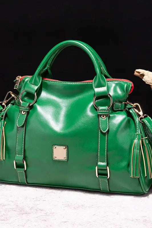 PU Leather Handbag with Tassels - Green - Handbags