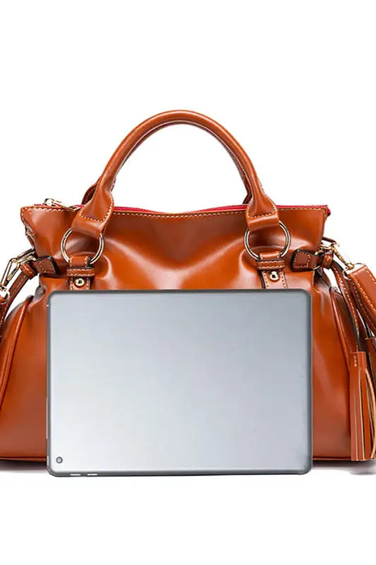PU Leather Handbag with Tassels - Handbags
