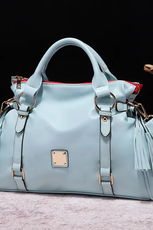 PU Leather Handbag with Tassels - Light Blue - Handbags