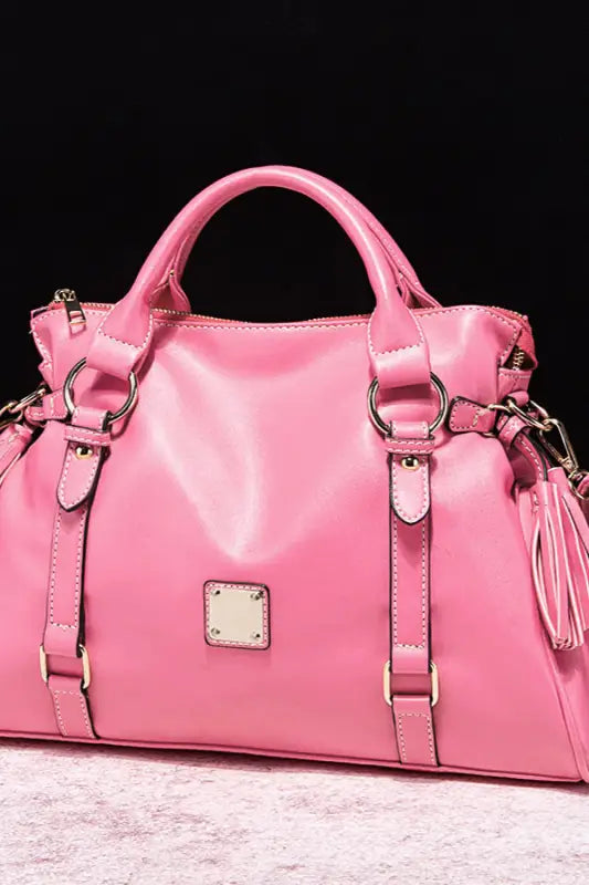 PU Leather Handbag with Tassels - Pink - Handbags