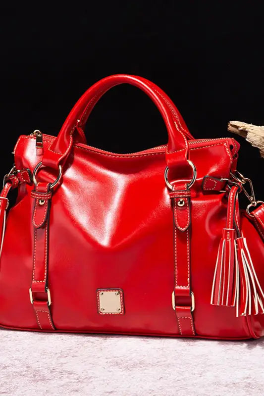 PU Leather Handbag with Tassels - Red - Handbags