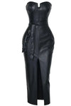 PU Leather Tube Top Slit Belted Midi Dress - Dresses