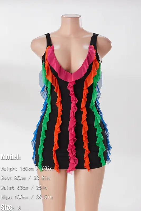 Rainbow Ruffle Decor Backless Mini Dress - Dresses