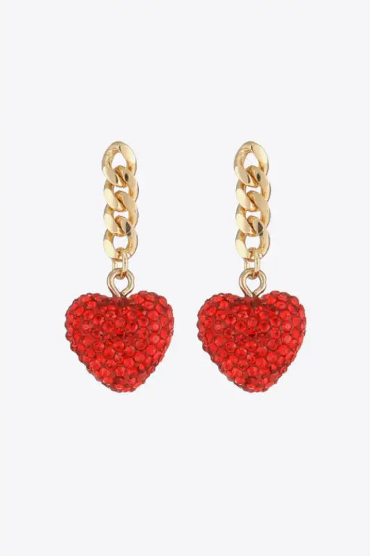 Red Rhinestone Heart Chain Drop Earrings - 18k Gold Plated