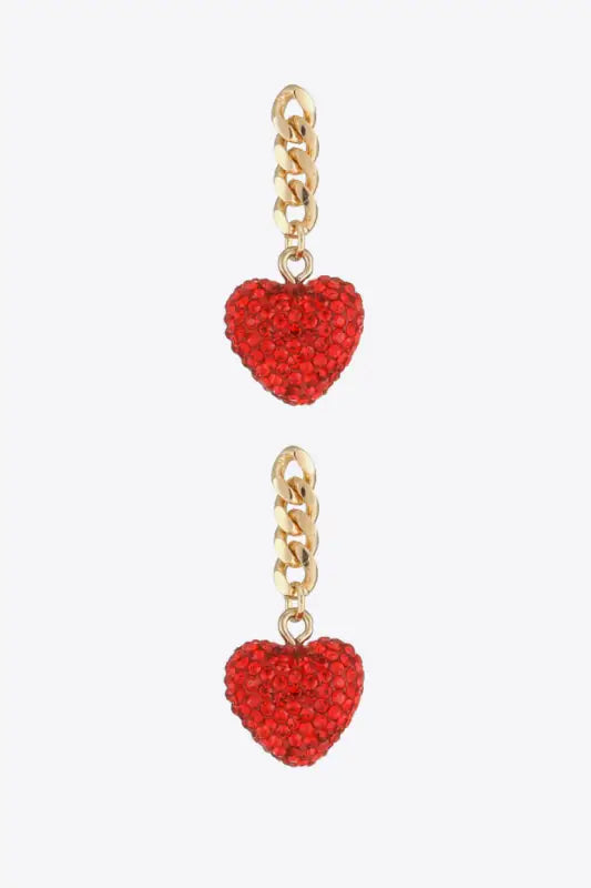 Red Rhinestone Heart Chain Drop Earrings - 18k Gold Plated