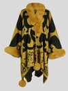 Regal Scroll Faux Fur Trim Poncho - One Size / Yellow