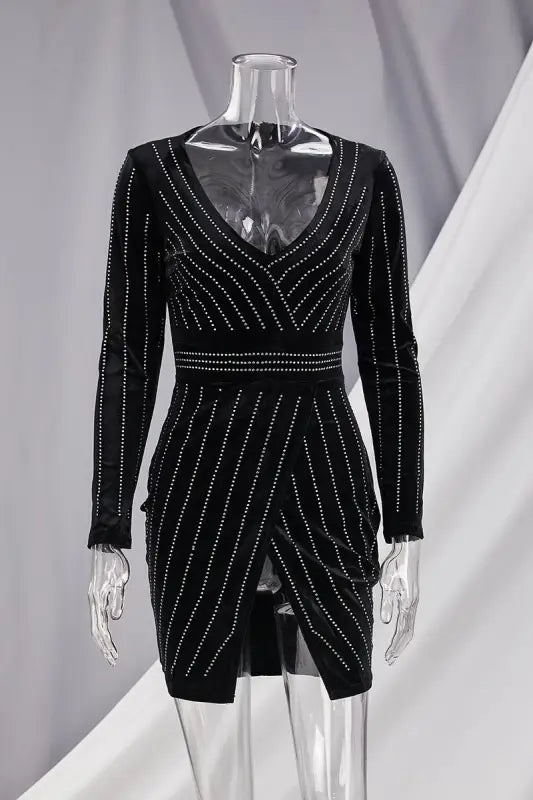 Rhinestone Coated Velvet V-neck Zip-up Mini Dress (S-3XL)