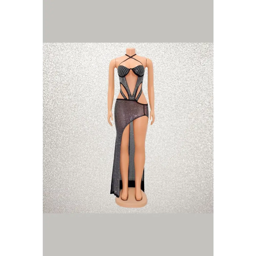 Rhinestone Crusted Cut - Out High Slit Maxi Dress - Dresses