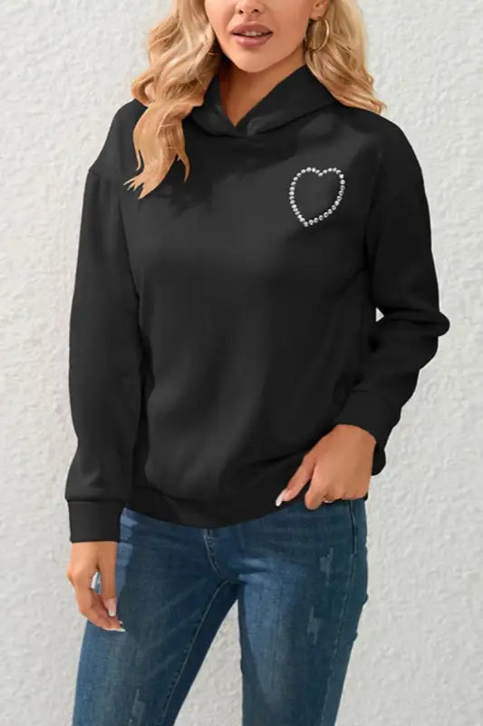 Rhinestone Heart Cut-Out Back Hooded Sweatshirt - S / Black