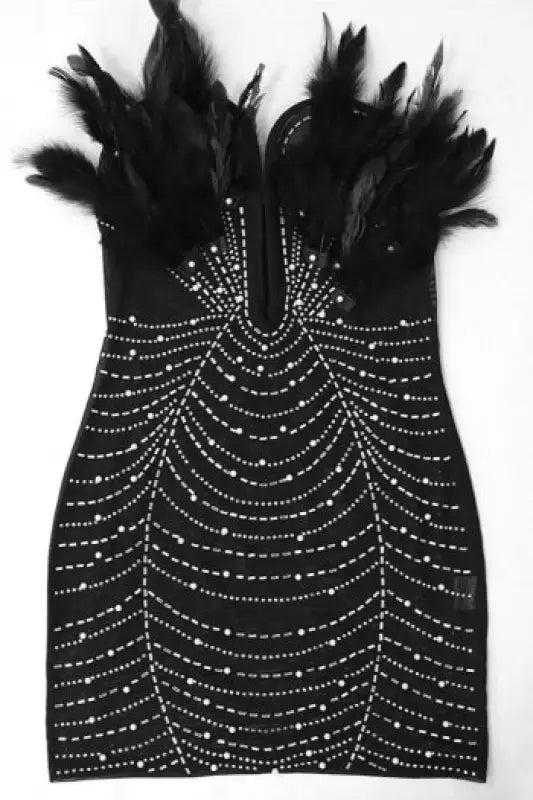 Rhinestone Mother Pearl Feather Underwire Mini Dress
