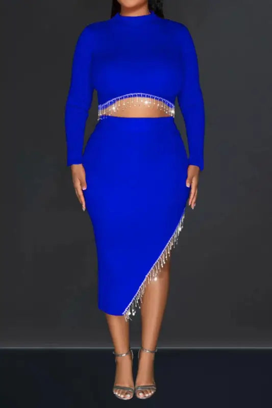 Rhinestone Tassel Crop Top With Matching Asymmetric Midi