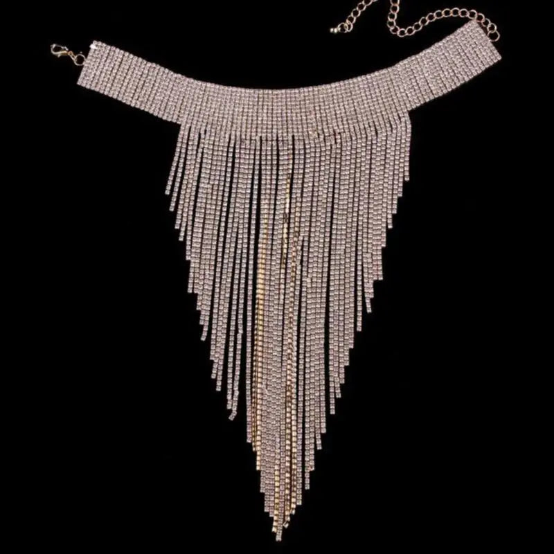 Rhinestone V Fringe Collar Necklace - Necklaces