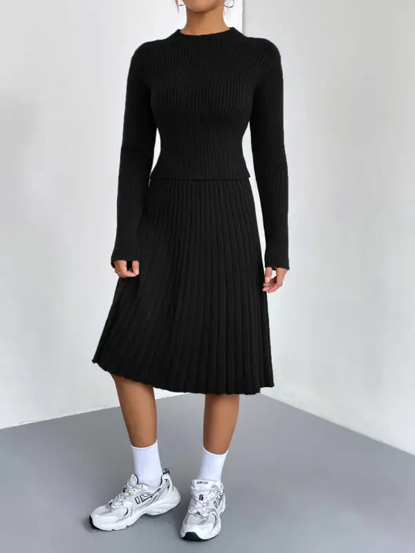 Rib-Knit Sweater and Pleated Skirt Set - S / Black - Sets