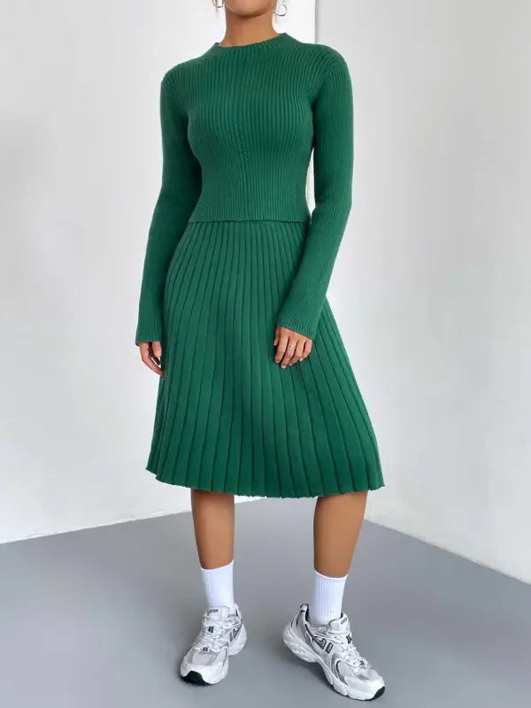 Rib-Knit Sweater and Pleated Skirt Set - S / Green - Sets