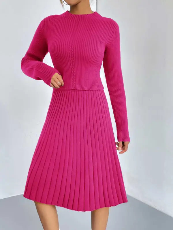 Rib-Knit Sweater and Pleated Skirt Set - S / Hot Pink - Sets