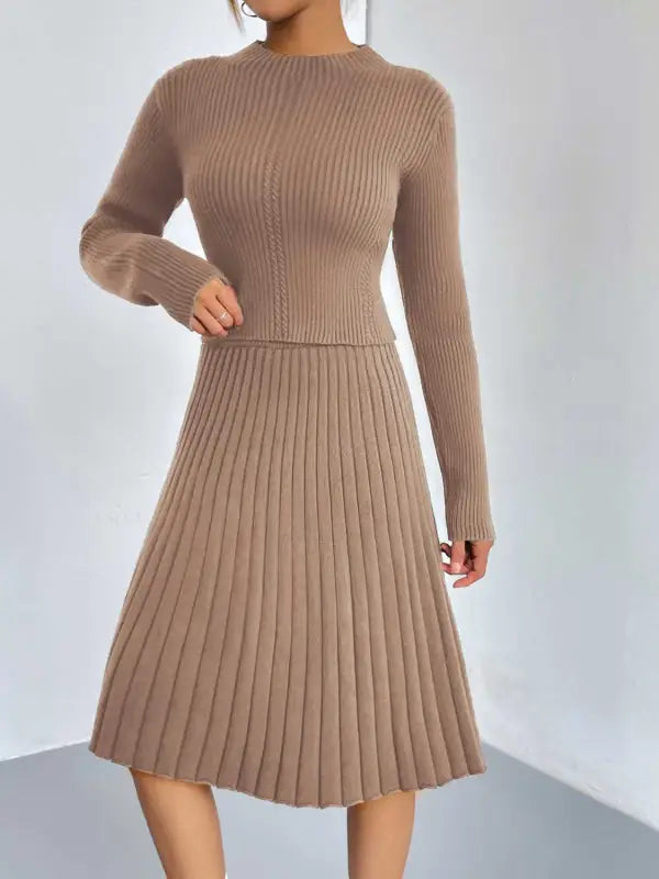 Rib-Knit Sweater and Pleated Skirt Set - S / Tan - Sets