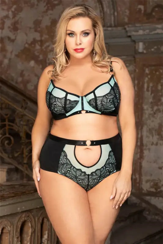Rings and Lace Bra Panty Set (M-5XL) - M / Green - Lingerie
