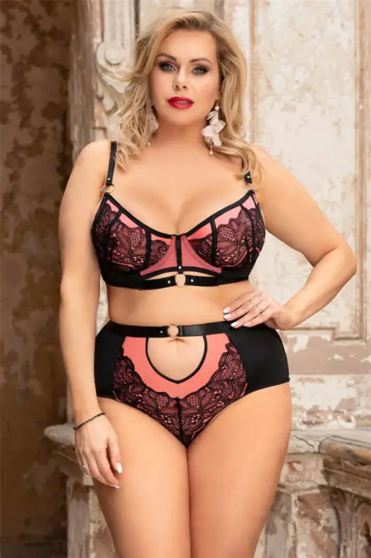 Rings and Lace Bra Panty Set (M-5XL) - M / Pink - Lingerie