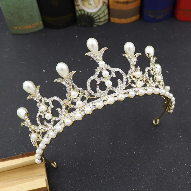 Royalty Rhinestone Pearl Crown Headband - White - Headbands