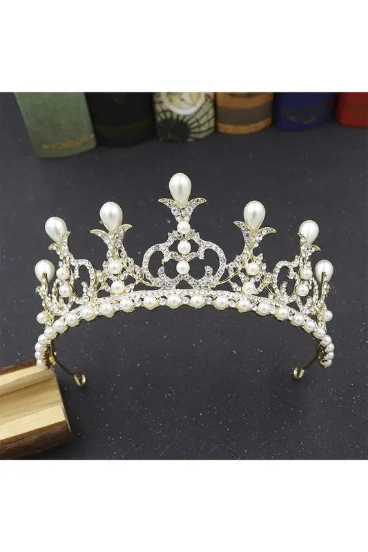 Royalty Rhinestone Pearl Crown Headband - White - Headbands