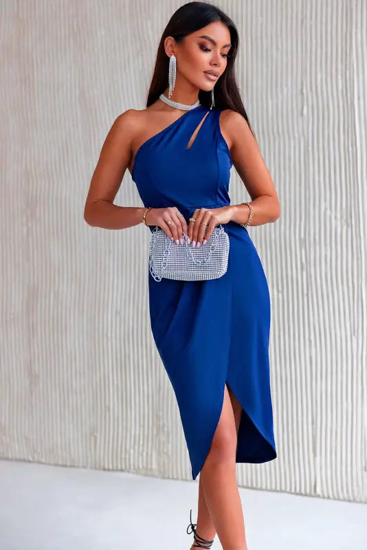 Ruched Cutout Single Shoulder Dress - Midi Dresses