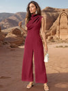 Ruched Mock Neck Sleeveless Jumpsuit - M / Wine - Jumpsuits
