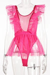 Ruffled Mesh Dress With Strappy Thong Bodysuit Lingerie Set