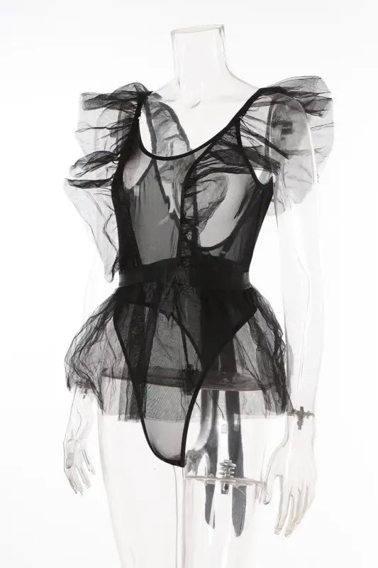 Ruffled Mesh Dress With Strappy Thong Bodysuit Lingerie Set