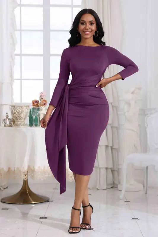 Sash Detailed Round Neck Midi Dress - S / Purple - Dresses