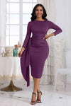 Sash Detailed Round Neck Midi Dress - S / Purple - Dresses