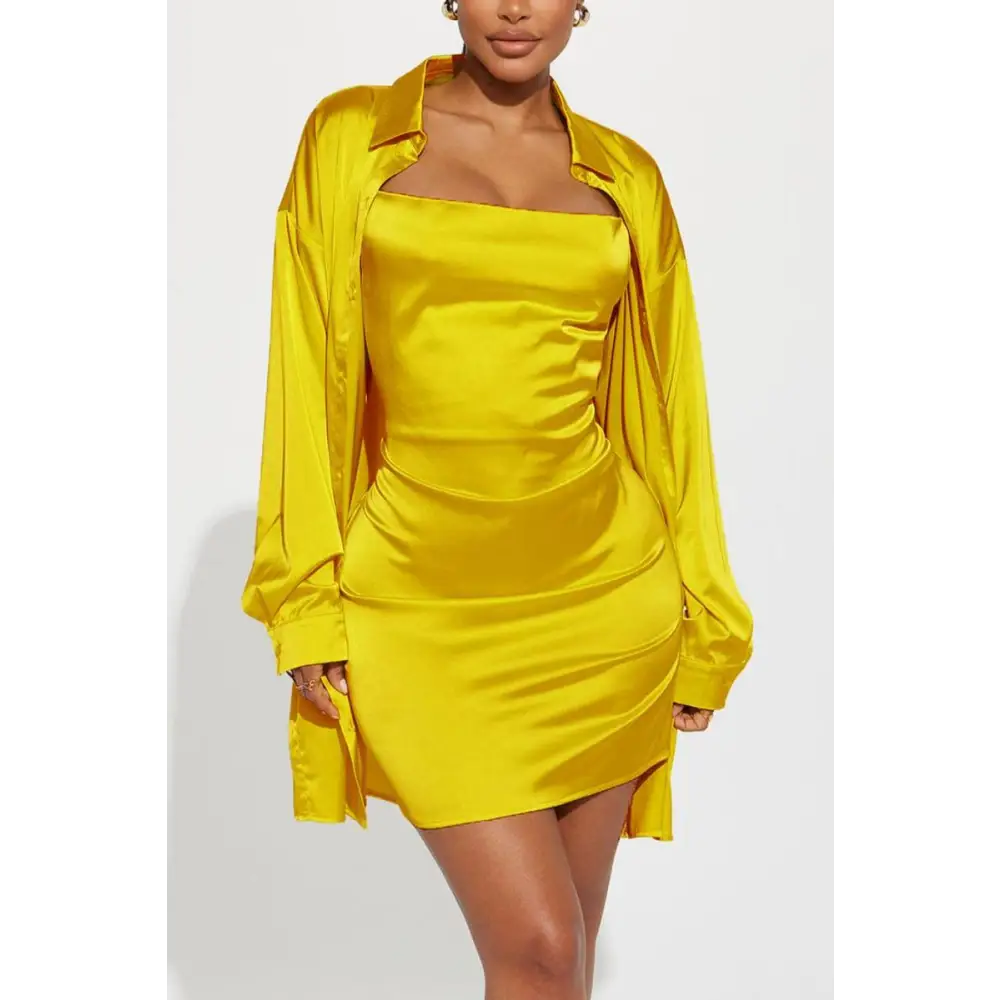 Satin Delight Mini Dress and Blouse Set - S / Yellow - Sets