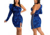 Sequin Feather One-Shoulder Chained Up Mini Dress (S-2XL)