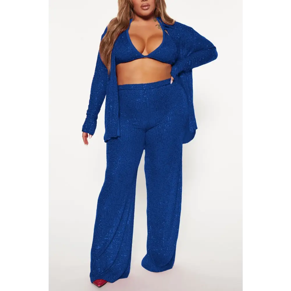 Sequin Fly Girl Pant Set (Bra Included) - S / Blue - Sets