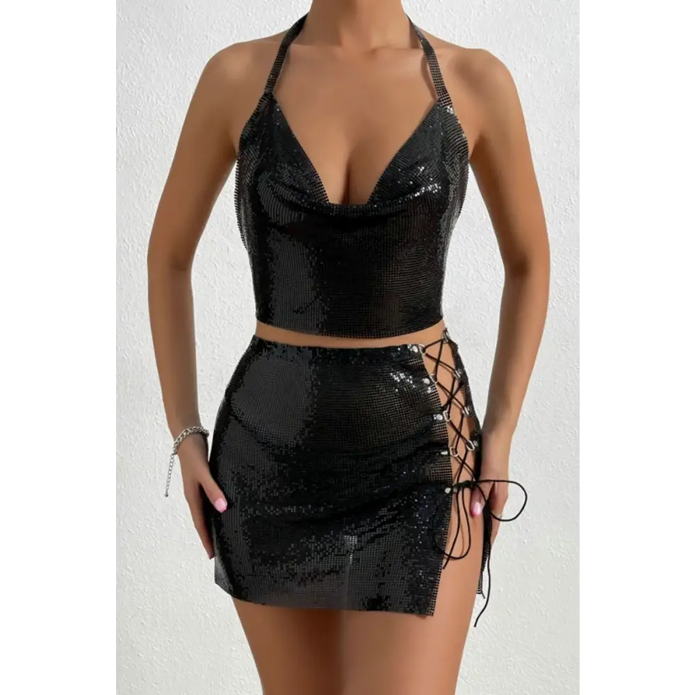 Sequin Metal Chain Lace - up Mini Skirt Set - S / Black