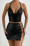 Sequin Metal Chain Lace-up Mini Skirt Set - S / Black - Sets