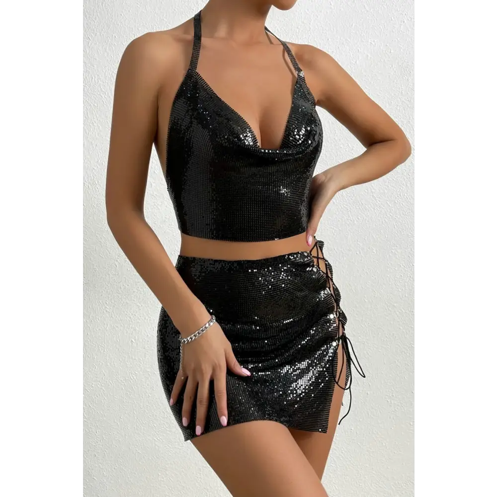Sequin Metal Chain Lace - up Mini Skirt Set - Sets