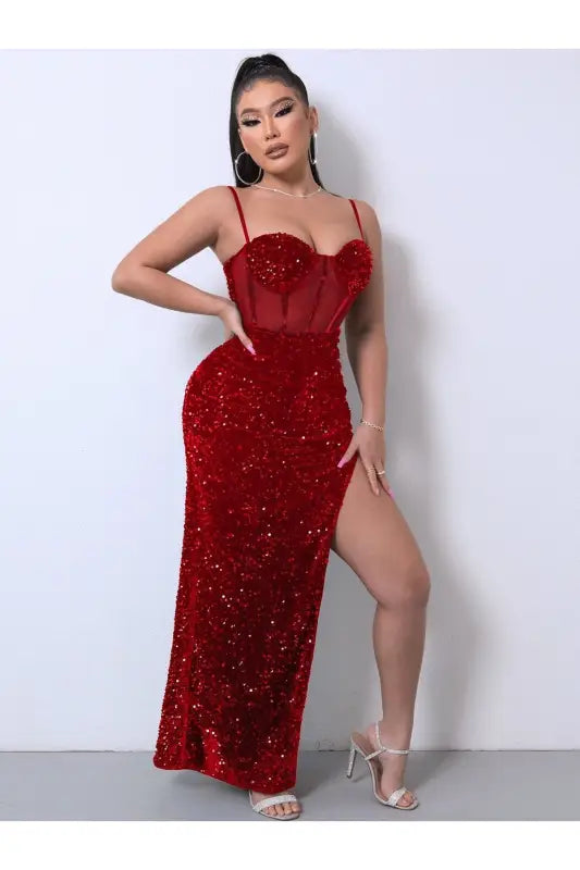 Sequin Spliced Mesh Adjustable Strap Dress - XS / Red