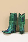 Sequin Tassel Decor Midi-Heel Cowboy Boots - 4 / Green