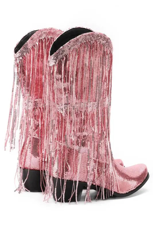 Sequin Tassel Decor Midi-Heel Cowboy Boots - 4 / Pink