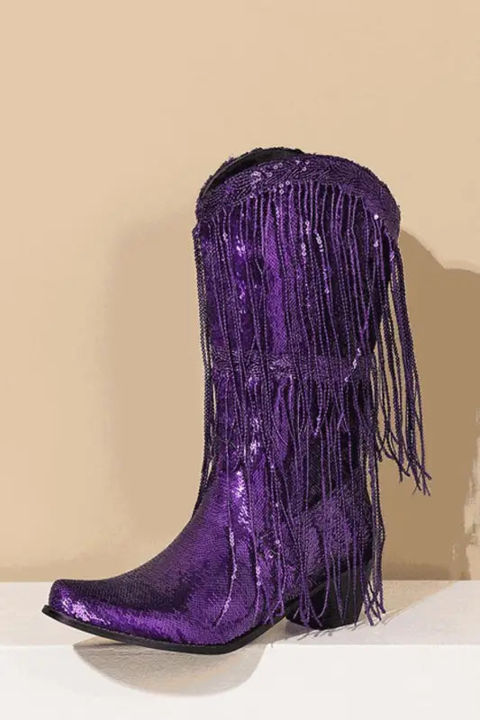 Sequin Tassel Decor Midi-Heel Cowboy Boots - 4 / Purple