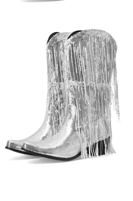 Sequin Tassel Decor Midi-Heel Cowboy Boots - 4 / Silver